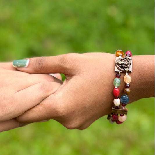 Multicolor Gemstone Bracelet with Bronze Charm