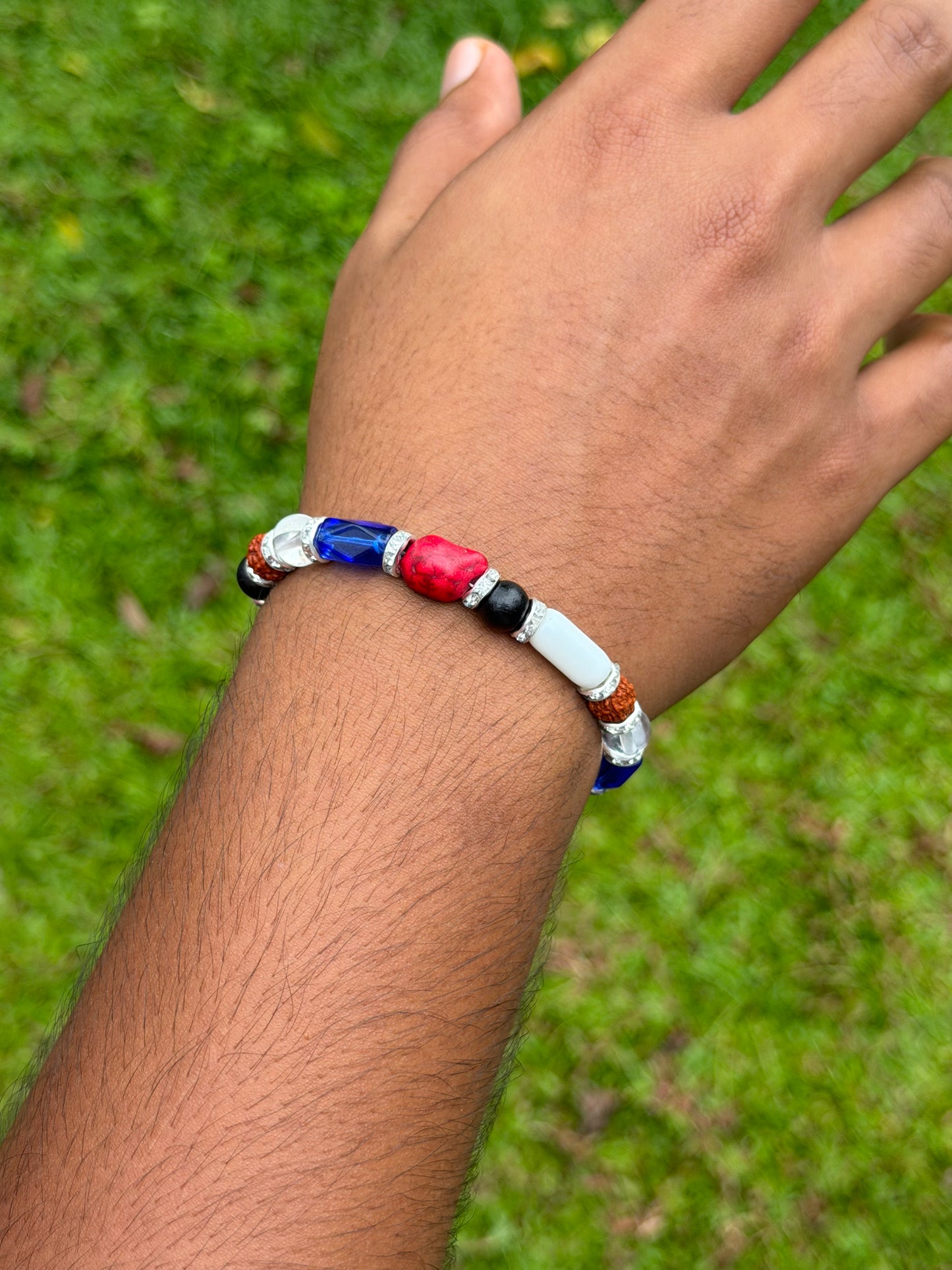 Red, White, Blue & Rudraksha Beaded Bracelet