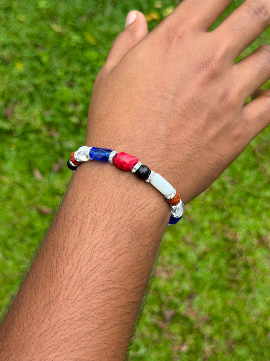 Red, White, Blue & Rudraksha Beaded Bracelet