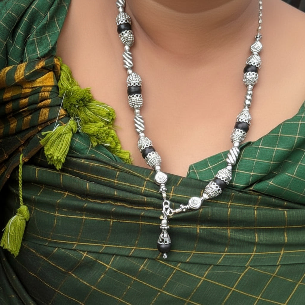 Silver Beaded Necklace with Round Pendant